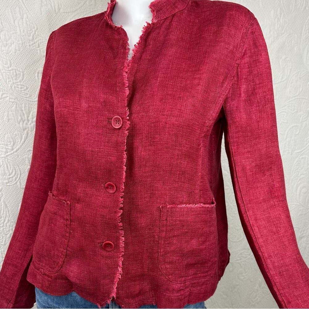 Eileen Fisher Organic Linen Raspberry Stand Up Collar Jacket